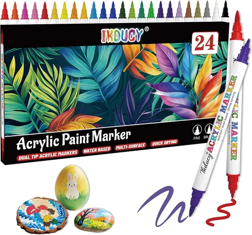 Juego de marcadores de pintura acrílica de doble punta de 24 colores, punta fina y punta de pincel con 10 páginas, papel para colorear para rocas,