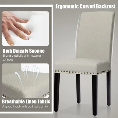 Miniatura 4 de Giantex Juego de 2 sillas de comedor tapizadas, sillas laterales de tela con patas de madera, asiento acolchado suave, ribete de cabeza de clavo
