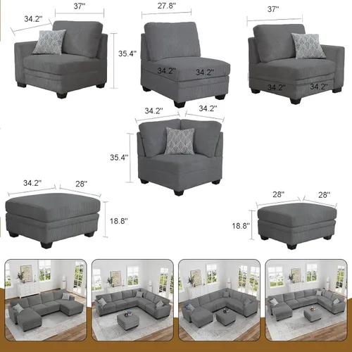 Miniatura 4 de Legend Vansen Sofá modular de gran tamaño, sofá en forma de U de 7 asientos con otomana, sofá de pana con asiento profundo, sofás seccionales Gris