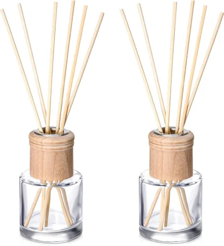 Roshtia Juego de 2 botellas difusoras de varillas vacías recargables con fragancias de vidrio con tapas de madera, varillas de 1.7 onzas, tarros