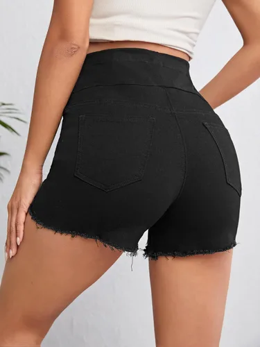 Miniatura 2 de Verdusa Pantalones cortos de mezclilla de maternidad para mujer, cintura alta, rasgados, dobladillo sin procesar, pantalones cortos de embarazo