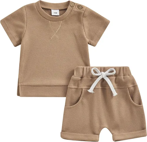 Conjunto de ropa de verano para bebé y niño pequeño, color sólido, camiseta de manga corta, pantalones cortos elásticos para recién nacidos