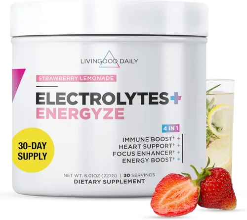 Livingood Daily Electrolitos en polvo limonada de fresa, 30 porciones, polvo de hidratación 4 en 1 con vitamina C, taurina, D ribosa y FOS, mezcla