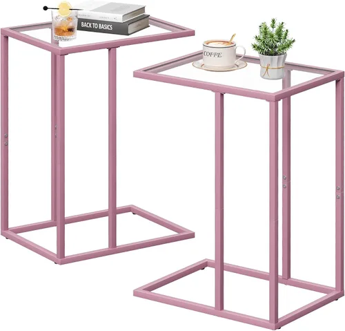 Miniatura 8 de Mesa auxiliar de cristal en C, mesa auxiliar para sofá, mesa auxiliar de vidrio templado con marco de metal, mesa de bandeja de TV para espacio Negro