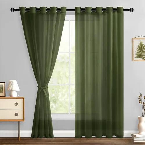 Miniatura 134 de Hiasan - Cortinas traslúcidas de gasa cortas semitransparentes con ojales y alzapaños filtrantes de luz para ventana, dormitorio, baño, 2 paneles