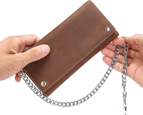 Miniatura 5 de Cartera de piel auténtica con tres pliegues para hombre con cadena cartera de motociclista con cadena larga y resistente Marrón largo