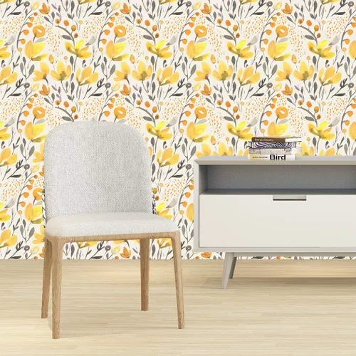 Miniatura 2 de Papel tapiz autoadhesivo Kapok de flores frescas amarillas, autoadhesivas, para despegar y pegar, removible, acuarela, sin costuras, prepegado