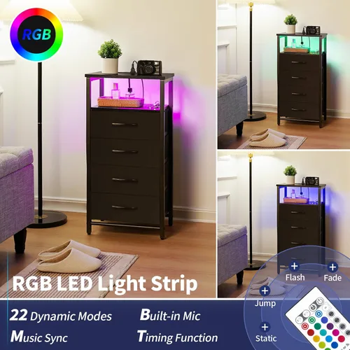 Miniatura 4 de Yoobure - Mesita de noche - Cómoda pequeña para dormitorio, mesita de noche LED negra con estación de carga, mesa de noche con 4 cajones de tela
