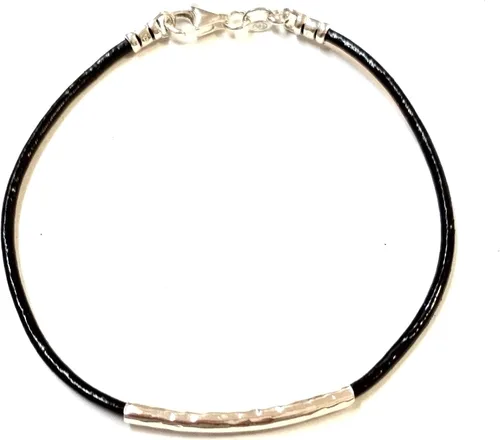 2mm Black Leather Cord with 925 Sterling Silver Ends, Clasp and Floating Hammered Curved Tube Bracelet. Made to Your Size. Women, Men, Unisex
