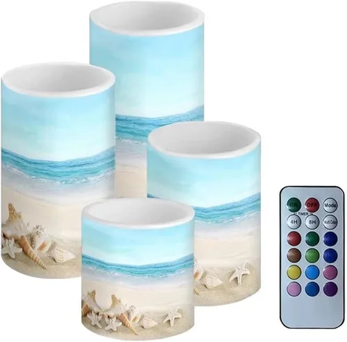 Miniatura 17 de Velas LED parpadeantes operadas por batería, juego de 4 con control remoto y temporizador, velas de llama danzante, velas de pilar para mesa, Playa