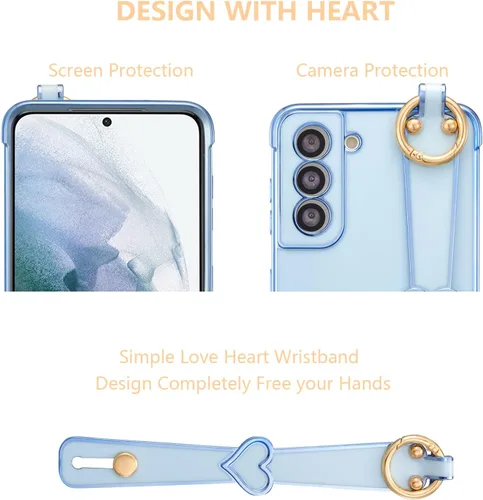 Miniatura 2 de ZTOFERA Funda para Samsung Galaxy S22 Plus 5G con correa para la muñeca, bonito borde chapado de lujo, patrón de corazones de amor para niñas y Azul