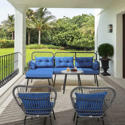 Miniatura 3 de YITAHOME Muebles de patio en forma de L para exteriores, juego de sofá seccional para patio trasero, porche con cojines gruesos, tumbona gris + azul