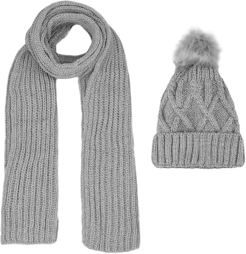 Miniatura 7 de KRATARC Conjunto de gorro de punto para mujer de forro polar con pompones