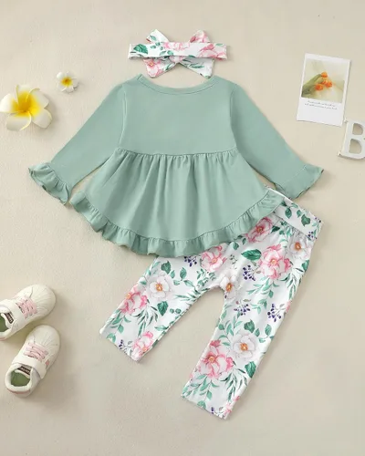 Miniatura 133 de Kucnuzki Conjunto de ropa para bebé niña pequeña, camisa de manga con volantes, pantalón floral, ropa de otoño e invierno para niña