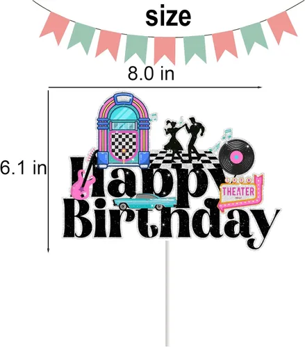 Miniatura 4 de Decoración de pastel de cumpleaños de disco de los años 50 para niños y adultos de los años 50, suministros de fiesta de rock and roll hop