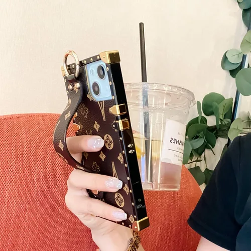 Miniatura 6 de Funda rectangular de cuero compatible con 11 con correa para muñeca, funda de diseñador de lujo para mujeres y niñas, funda protectora con soporte