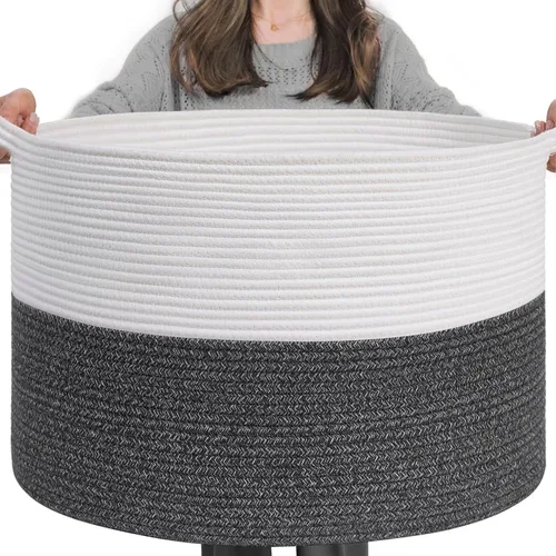 INDRESSME Cesta de cuerda de algodón XXXL de 21.7 x 21.7 x 13.8 pulgadas, cestas tejidas para ropa sucia para bebé, canasta de manta, cestas de