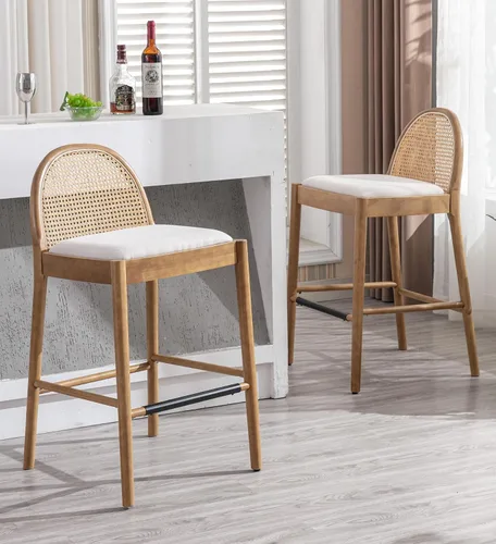Miniatura 18 de DUOMAY Juego de 2 taburetes de mostrador modernos de ratán beige, 26 pulgadas de altura - Taburetes de bar de madera tapizados en lino con respaldo