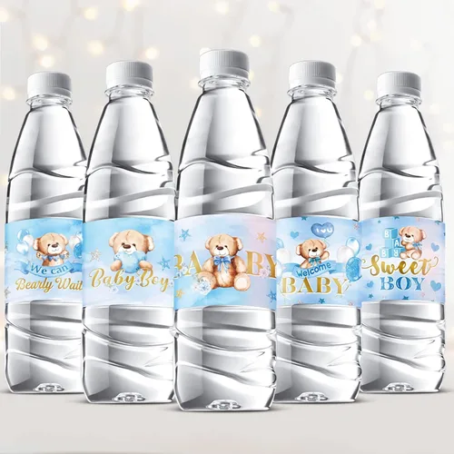 Clabby 39 etiquetas de oso azul para botellas de agua para baby shower, etiquetas autoadhesivas impermeables para revelación de género, suministros