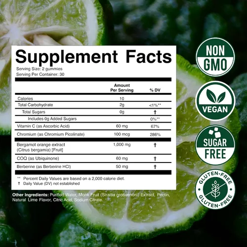 Miniatura 6 de Gomitas de bergamota cítrica de 1000 mg para mujeres y hombres, extracto de bergamota cítrica con berberina, CoQ10, cromo y vitamina C, apoyo