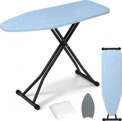 Tabla de planchar plegable de altura ajustable con almohadilla de hierro, cubierta resistente al calor, tubo de acero grueso, tabla de hierro Azul
