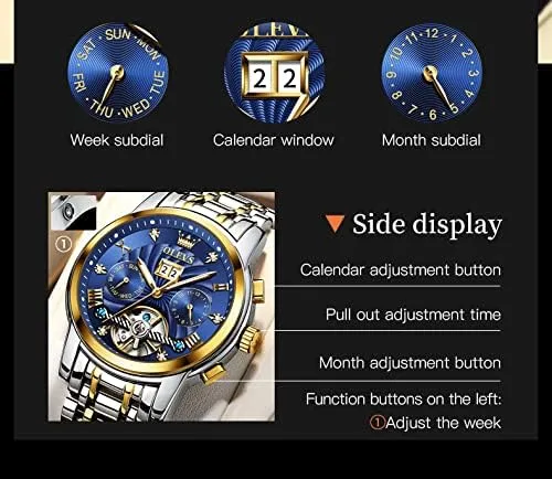Miniatura 5 de OLEVS Relojes automáticos para hombres, reloj de pulsera mecánico de esqueleto de lujo dorado con cuerda automática, diamante luminoso, impermeable