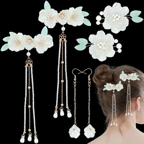 3 pares de pasadores de perlas de flores, aretes de borla, horquilla de pelo de flor vintage blanca, pinzas para el cabello kawaii, kimono, perla,