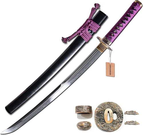 Miniatura 10 de MURASAME Wakizashi Sword T10 - Arcilla de acero templada real Hamon Full Tang muy afilada