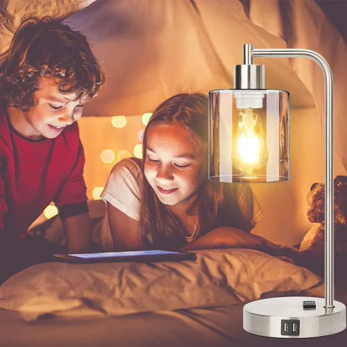 Miniatura 4 de Juego de 2 lámparas de mesa con control táctil industrial - Lámparas de mesita de noche en níquel cepillado con 2 puertos USB y enchufe de CA