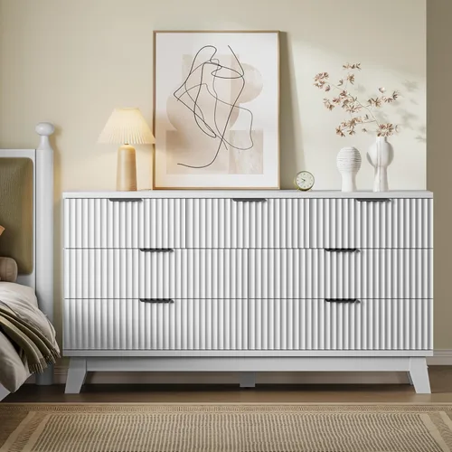 Miniatura 4 de BORNOON Cómoda de 57 pulgadas de largo para dormitorio, baúl acanalado de 7 cajones, cómoda ancha de almacenamiento de madera con rieles y asas