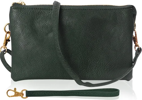 Miniatura 19 de Humble Chic bolsa pequeña de piel vegana, para usar cruzada o cartera con ajuste de pulsera, incluye hombro ajustable y correa para muñeca. Oro