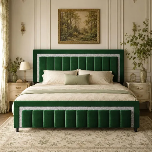 Miniatura 19 de HOMBCK Marcos de Cama Individual, Marco de Cama Tamaño Individual con Cabecera y Pie de Cama de Diseño de Terciopelo Diamante, Marco de Cama