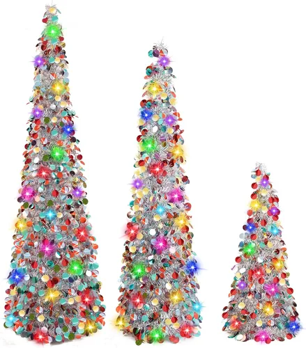 Miniatura 8 de MACTING Árbol de Navidad desplegable con 50 luces LED con temporizador, 5 pies, árbol de lápiz de oropel plegable de fácil montaje, árbol artificial