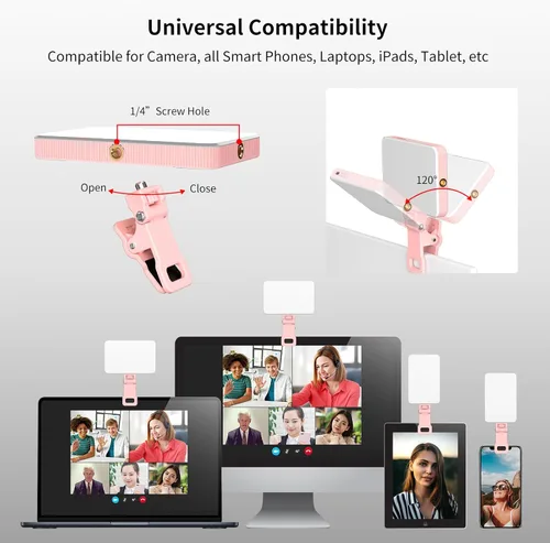 Miniatura 3 de Newmowa Luz rosa recargable para selfie, luz de video portátil con clip para teléfono/portátil/cámara con sensor inteligente, 3 modos, batería
