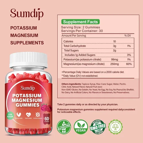 Miniatura 3 de Gomitas de magnesio y potasio, salud muscular y cardíaca, calambres en las piernas y sueño, suplementos de potasio, gomitas veganas sin OMG, sin