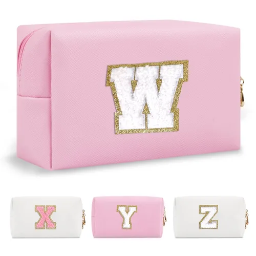 Miniatura 378 de Pequeña bolsa de maquillaje personalizada con inicial A-Z Preppy Patch, bolsa de cosméticos de viaje de felpilla blanca con cremallera, bonita bolsa
