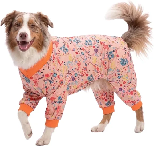 Miniatura 10 de LovinPet Mameluco para perros de razas grandes, pijama para perro, tela elástica ligera, camisa de manga larga para perro, estampado Paw-Some gris