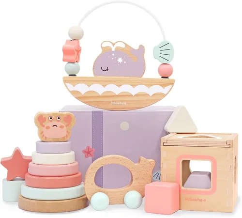 Miniatura 7 de Pillowhale Juego de juguetes de madera sensorial y educativo para niños pequeños de 1 a 3 años - Anillos para apilar, clasificador de formas, coche