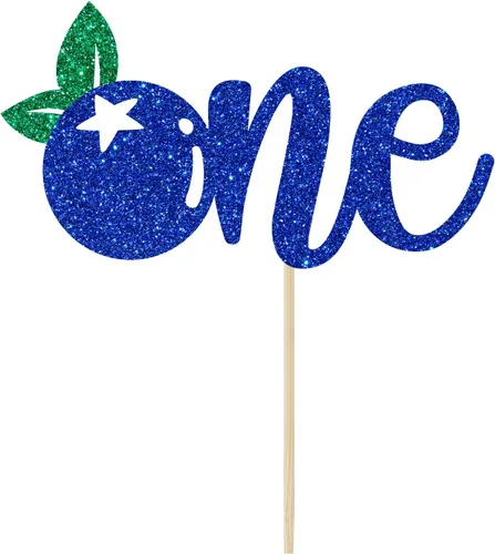 Miniatura 5 de Calarjeta Decoración para pastel de primer cumpleaños de arándanos, papel apto para alimentos, 4.2 x 5.9 pies, purpurina azul y verde, decoración