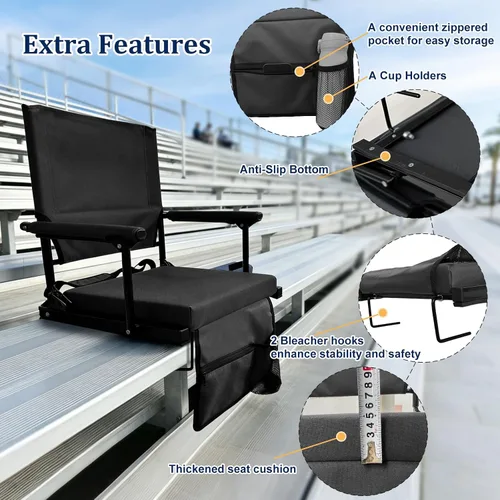 Miniatura 6 de moonysweet Asientos de estadio para gradas con soporte de espalda y cojín, soporte de espalda ajustable, con soporte para tazas, correa de hombro