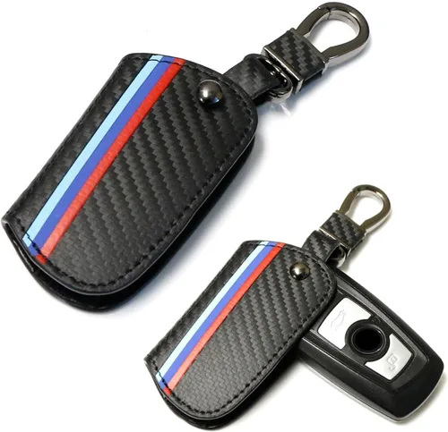 Miniatura 9 de iJDMTOY Emblemático llavero de cuero con patrón de fibra de carbono negro de 3 colores con llavero compatible con el mando a distancia BMW