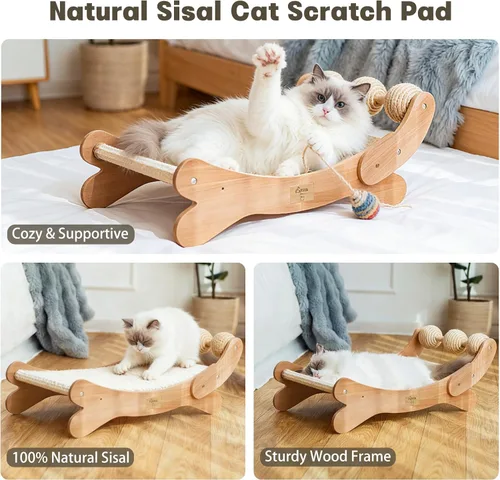 Miniatura 4 de Sisal - Cama rascador para gatos con 3 bolas de juguete para gatos de interior, hamaca 3 en 1 de madera duradera y almohadilla para rascar - muebles