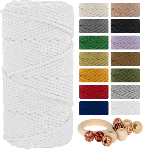 Cordón de algodón macramé 5mmx109 yardas 4 hebras, Munzong Natural hecho a mano 4 cuerdas de algodón trenzadas para colgar en la pared, tejido de