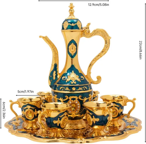 Miniatura 3 de Juego de tetera turca, juego de taza de café clásica azul con bandeja y 6 tazas de té turco vintage, taza de café para hogares, restaurantes