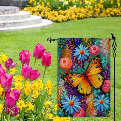 Miniatura 2 de Bandera de jardín de mariposa para primavera y verano, floral, bandera de jardín, vertical, de doble cara, rústica, arpillera, patio, césped