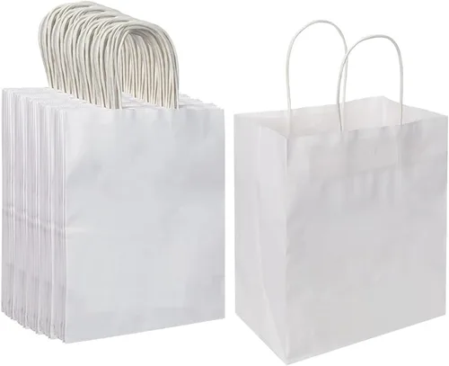 Oikss Paquete de 100 bolsas de papel kraft blancas medianas de 8 x 4.75 x 10 pulgadas con asas a granel para favores de fiestas de cumpleaños, Blanco