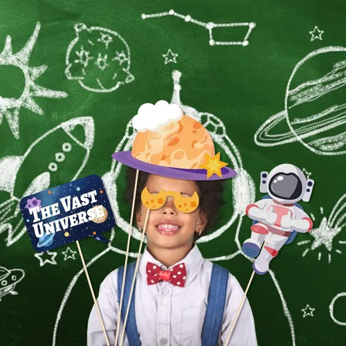 Miniatura 4 de 25 piezas de accesorios para cabina de fotos espaciales con palo, accesorios para selfies con temática de galaxia, suministros de fiesta