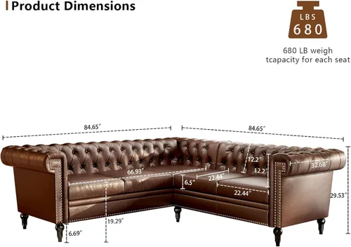 Miniatura 2 de Sofá modular Chesterfield de 85 pulgadas, sofá convertible de piel sintética en forma de L con cabeza de clavo copetuda y brazos enrollados, sofás
