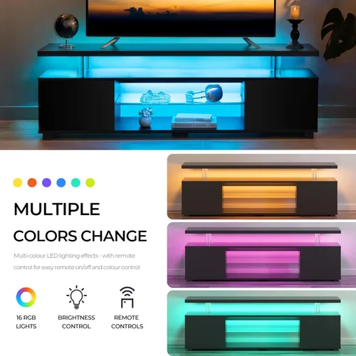 Miniatura 4 de Cubehom Soporte de TV negro, soporte de TV LED para sala de estar, centro de entretenimiento de cristal, mesas de consola de TV para sala de estar