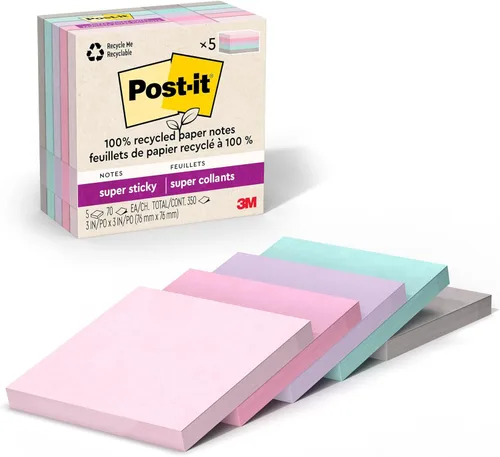 Miniatura 14 de Post-it Notas súper adhesivas de papel 100% reciclado, amarillo canario, 3 pulgadas x 3 pulgadas, 5 blocs de notas adhesivas, 70 hojas por bloc